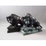 A pair of patinated brass lion doorstops with wild boar, 8" high