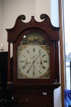 A 19th century provincial oak and inlaid long case clock, 14" painted dial signed James Shaw