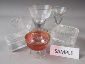 A firing glass, two 19th century dwarf ales, two cut glass boxes and covers, and other 19th