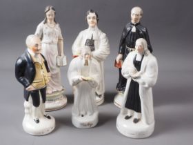 Six 19th century Staffordshire figures, "Protestantism", "Popery", two figures of Wesley, another
