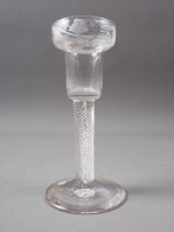 An 18th century design engraved cordial glass with air twist stem, 5" high