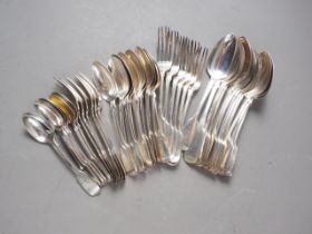 A matched Georgian and Victorian silver fiddle pattern part table service, comprising 12 dessert