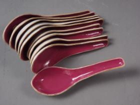 Five Chinese porcelain purple glazed rice spoons with five matching smaller spoons, all with seal