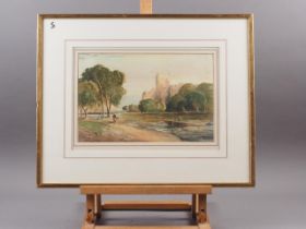 R P Leitch: watercolours, ruined castle by a river, 8" x 12 1/2", in wash line mount and gilt