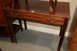 A mahogany side table fitted one drawer, on champhered supports, 36" wide x 20 1/2" deep x 30" high