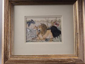 S Holmes: watercolours, the lion, the fox and the raven, 5" x 6 3/4", in gilt decorated strip frame