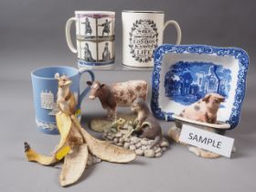 A Wedgwood jasperware tankard, two Wedgwood tankards and other decorative ceramics