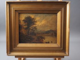 A 19th century oil on board, landscape with lake, 8" x 10", in gilt frame