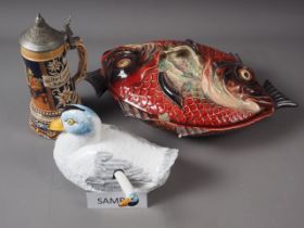 A Portuguese pottery fish tureen, a duck sauce boat and other decorative china
