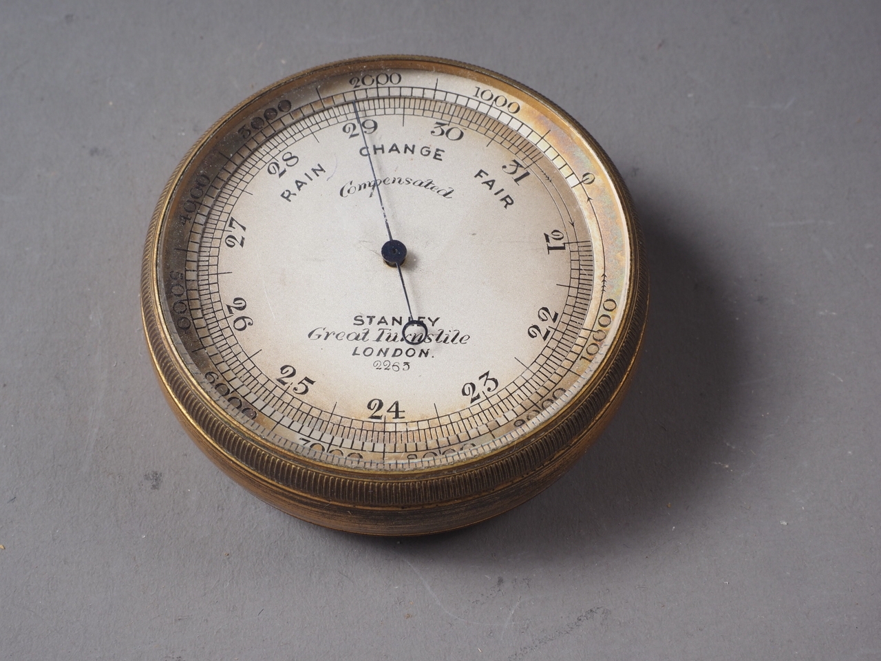 A Stanley brass cased pocket barometer, in Morocco leather case - Image 2 of 3