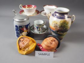 Two Bossons plaster busts, a German stein, a Noritake vase, and a collection of cabinet cups and