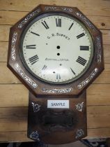 A rosewood and mother-of-pearl inlaid drop dial wall clock case with white enamelled dial and