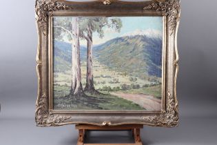 C Buchanan: oil on board, landscape with trees and snow capped mountains, 17 1/2" x 19 1/4", in gilt