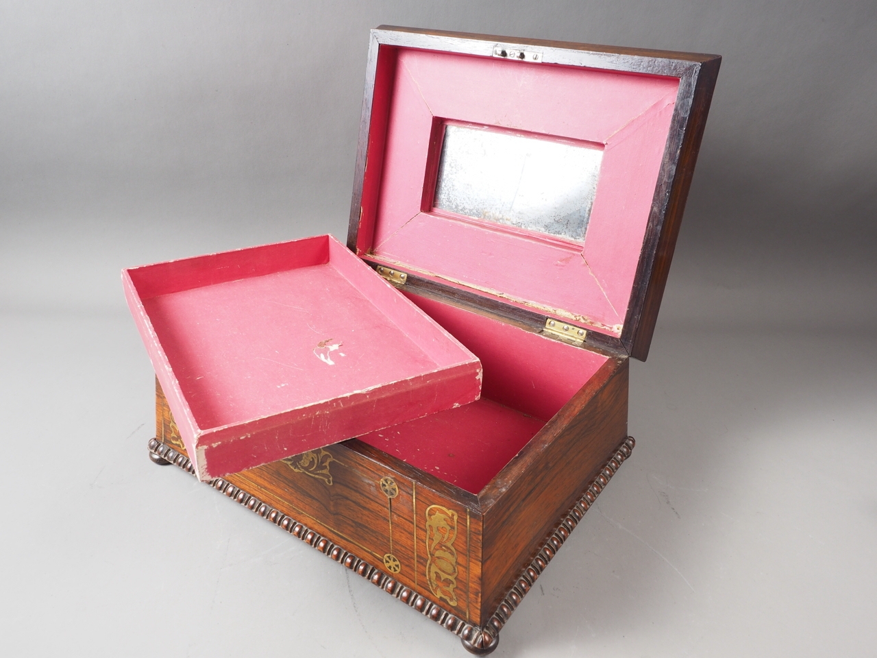 An early 19th century rosewood and brass inlaid work box with lift out tray, on bun feet, 14" wide - Image 2 of 2