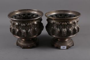 A pair of French silver plated pedestal jardinieres, by C Pillet, with embossed decoration, 9"