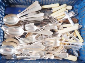 A collection of silver plate Old English, fiddle pattern and other flatware