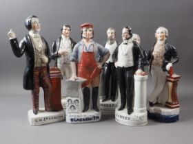 Seven 19th century Staffordshire standing figures, Moody, J Bryan, Mr Robert Evans, Blacksmith,