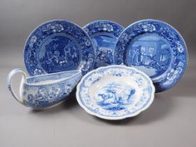 A 19th century blue and white bourdalou (rim chip) and four blue and white plates, various