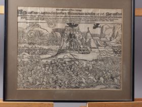 A 16th century German wood engraving, battle scene with distant church St George, in strip frame