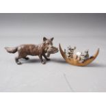 A cold painted bronze of a fox holding a chicken, 5" long, and a cold painted model of two cats on