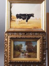 R A Hawkins: oil on canvas, cattle in a stream, 4 1/2" x 6 3/4", in gilt frame, and a similar