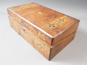 A walnut and Tonbridge banded writing box with fitted interior, 15 1/4" wide