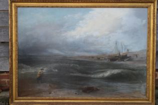 An English mid 19th century oil on canvas, Suffolk coastal scene with shrimp fisher and fishing