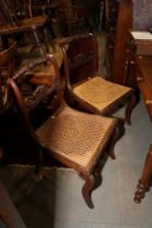 A pair of early 19th century carved mahogany bar back side chairs with cane seats, on sabre leg