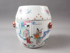 A Chinese porcelain sectioned drum-shaped teapot with figures in a landscape decoration, 6" overall