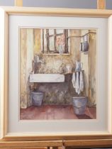 M Jay: a watercolour study, stone sink, in strip frame, and Dennis Harrison: watercolour study,