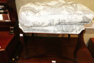 A late 19th century carved mahogany stool with shaped seat, on cabriole supports, 24" wide x 17 1/2"