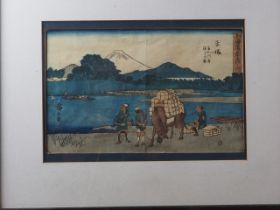 A Japanese woodblock print, "Mujiri River", in ebonised frame, another after Hiroshige, "Tenryu