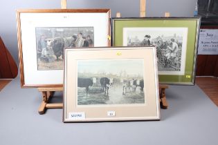 Williamson: a colour print, cattle in a field, and a 19th century engraving, "A Sheep-Fair in