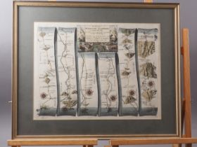 John Ogilby: an 18th century roadmap, London to Weymouth, in Hogarth frame, and a similar map,