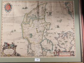 A 17th century hand-coloured map of Jutland, in wooden strip frame, a 17th century hand-coloured map