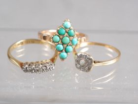 An 18ct gold, platinum and diamond five-stone ring, size N, 2.4g, a yellow metal and turquoise