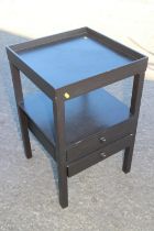 A black lacquered tray top bedside table, fitted two drawers, 18" square x 20" high