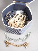 A silver necklace, a white metal choker, a rolled gold curb link bracelet, a cultured pearl necklace