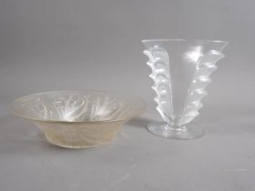 A Lalique France clear and frosted vase, 6 1/4" high, and a frosted glass bowl with fish design, 8