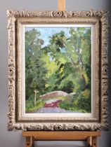 D L Gomme?: oil on board, landscape with track and road sign, 14" x 10", in ornate painted frame