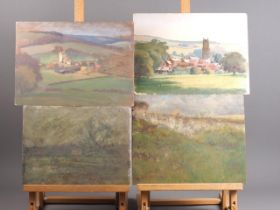 Four early 20th century oils on boards, landscapes and buildings