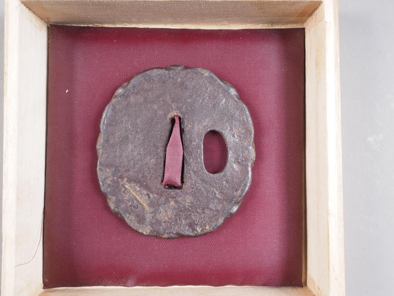 A Japanese Edo period iron Tsuba decorated Noh mask, 2 1/2" dia, and a similar larger with gold - Image 5 of 5