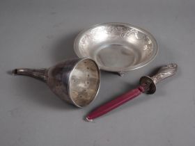 A white metal bowl, stamped 925, 3.8oz troy approx, a wine funnel and a silver sealing wax holder