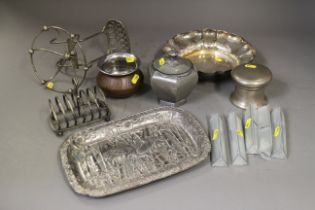 A silver plated shaped dish, a Japanese antimony dish and other plate