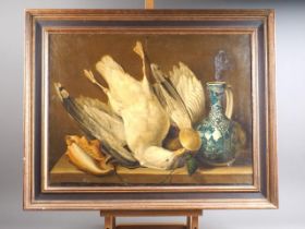 A 19th century? oil on canvas, still life with gull and Chinese ewer, 18 1/2" x 24", in gilt