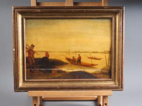 A 19th century Continental oil on oak panel, riverside scene, 9" x 12 1/2", in gilt frame (panel