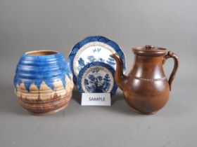 A Carlton Ware bulbous-shaped vase, a brown glazed stoneware coffee pot, a number of willow