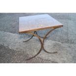 A marble top low occasional table, on 'X' frame support, 20" square x 20" high
