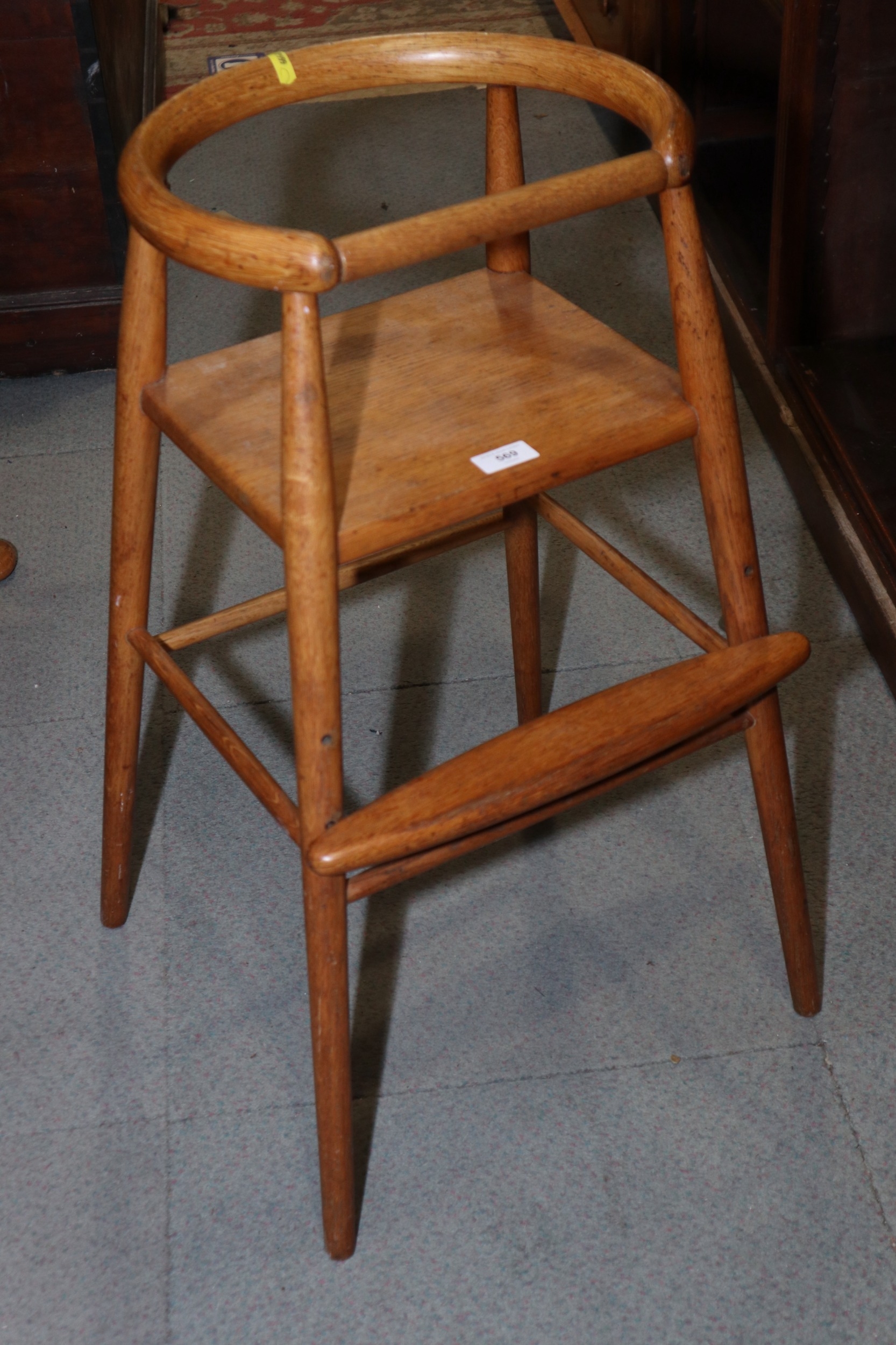 Nanna Ditzel for Kolds: a child's Danish oak high chair, model No 115, 14" wide x 11" deep x 28"