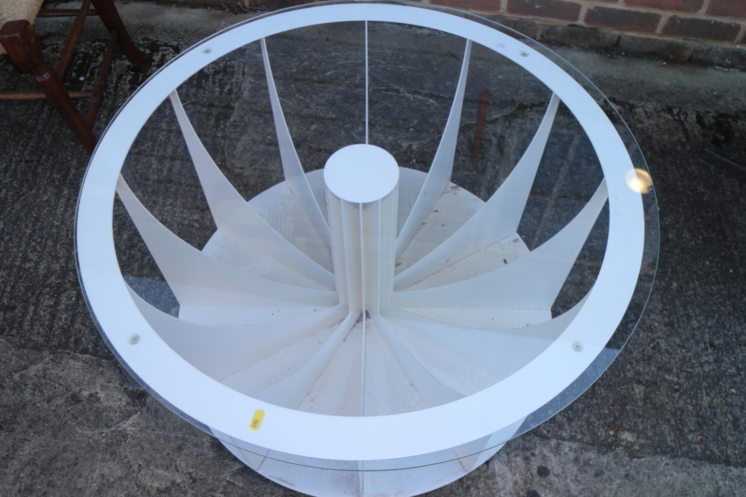 A modern circular white painted metal glass top table with central radiating base, 33" dia x 17 1/2" - Image 2 of 2